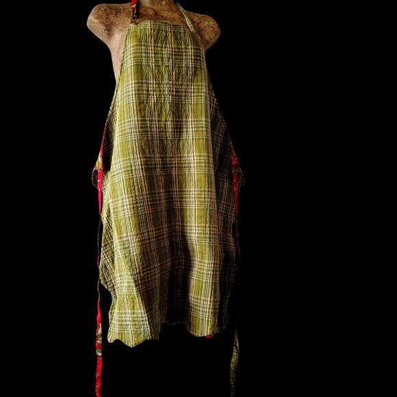 Vtg Reversible Quilted Christmas Apron With Holly & Plaid Design Adjustable Srap - Picture 6 of 12